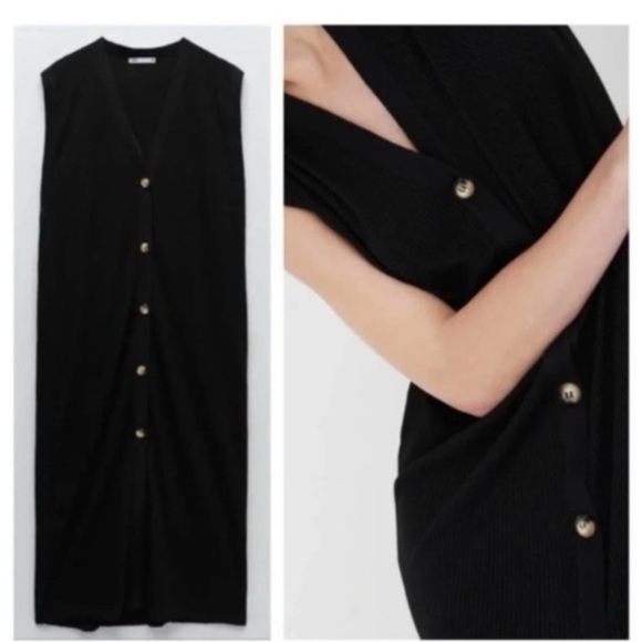 Zara Black Button Front Ribbed Midi Dress - size Small - Picture 3 of 3